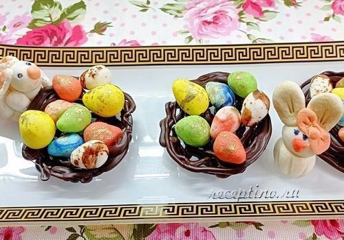 сладкие яйца в шоколадных гнездах для пасхального декора
