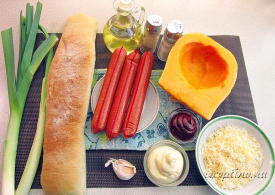 Продукты для багета с сосисками, тыквой, сыром. ш-0