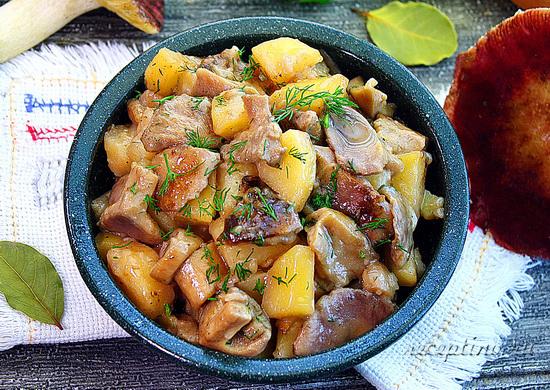 Тушеные в сметане сыроежки с картофелем раскладывают по тарелкам и подают на стол. ш-16