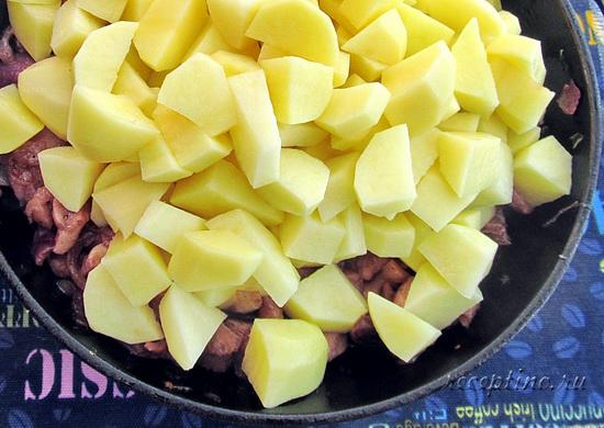 Очищенный и порезанный небольшими кусочками картофель соединяют с луком и сыроежками. ш-8