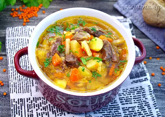 Суп с тушенкой, картофелем, чечевицей, корнем сельдерея - рецепт с фото
