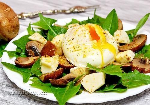 Салат с листьями одуванчиков, шампиньонами, яйцом пашот - рецепт с фото