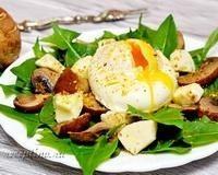 Салат с листьями одуванчиков, шампиньонами, яйцом пашот - рецепт с фото