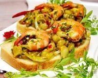 Салат с круглыми баклажанами, креветками, болгарским перцем - рецепт с фото